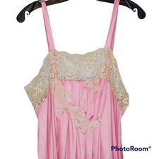 Vtg kayser pink Satin long nightgown W Lace Cottagecore Coquette Hollywood Glam