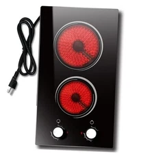 Electric Cooktop 2 Burner,  12 Inch Electric Stove Top with 2 Burner White Knob