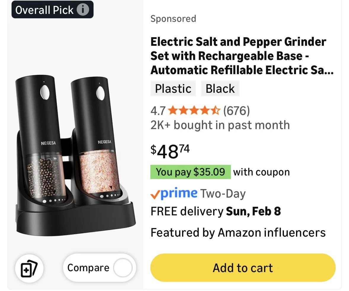 NEGEESA Electric Salt & Pepper Grinder Set Rechargeable Black Plastic