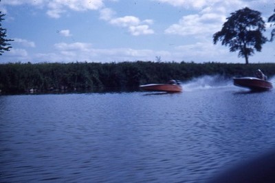 Kodak Slide 1950s Red Border Kodachrome Speed Boats Racing on River