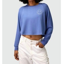 Women  s Spiritual Gangster Smiley Long Sleeve Crop Sweatshirt in Blue SZ XS
