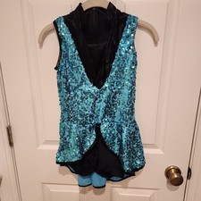 Weissman girl's turquoise Dance Jazz Tap costume, ballet Aqua and black Sequin