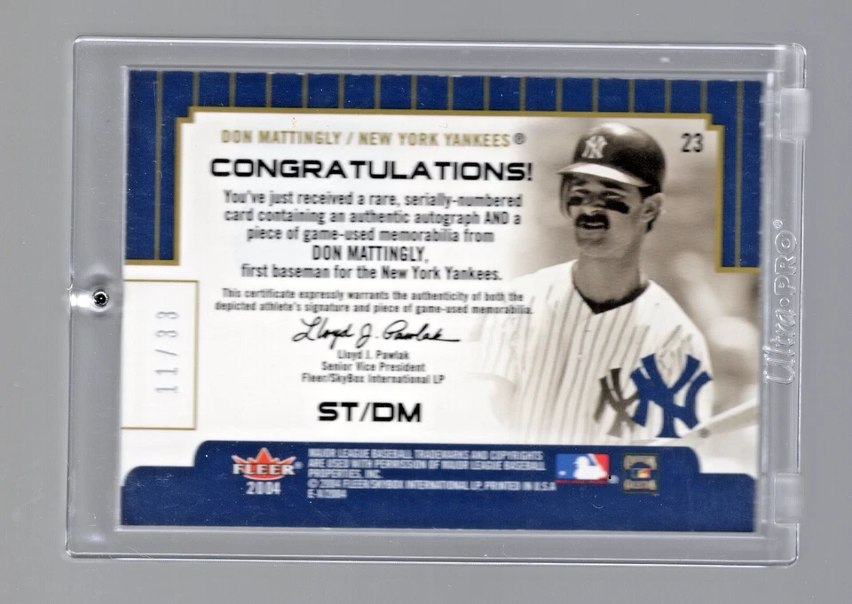 Don Mattingly 2004 Fleer E-X #ST/DM Signings-of-the-Times-Pewter #/33 Hard Case - Image 2 of 2