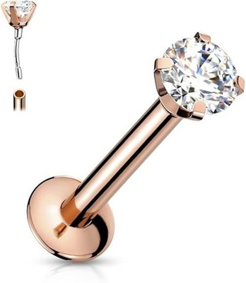 Labret Piercing 1,2 mm Rosegold Zirkonia Rund Krappenfassung Push In Ohrpi