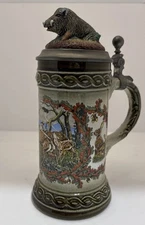 VINTAGE W GERMANY ORIGINAL GERZIT GERZ HUNTER BEER STEIN 9"WILD BOAR,DEER,RABBIT