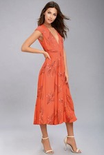 Free People Sz 10 Retro Coral Orange Floral Print Rayon Midi Dress Side Pockets