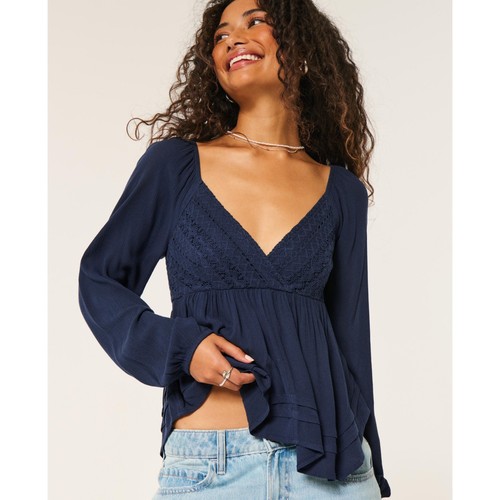 Hollister Easy Lace Bust Babydoll Long Sleeve Top XS Navy
