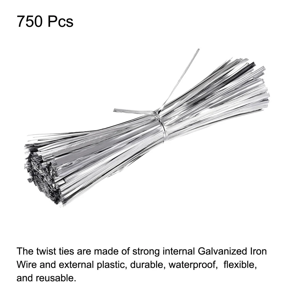 750 peças gravatas de torção de folha 8" gravata de fechamento de plástico para pão doce tom de prata - Imagem 3 de 4