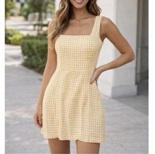 Old Navy Square Neck Linen Mini Sundress L  Smocked Yellow Plaid Gingham