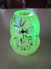 Fenton Vaseline Glass Lily Trail Fairy Lamp GLOW Dragonfly Floral SEE PICS