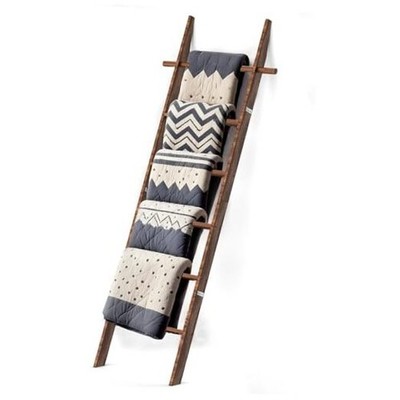 Farmhouse Wooden Blanket Ladder with Removable Hooks, 6-Tier Rustic Dark Brown