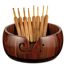 Wooden Yarn Bowl Holder, Craft Knitting Bowl with 8pcs Metal Crochet Hooks, 7...