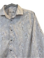 Tasso Elba Men's Long Sleeve Button Up Tan Blue Paisley Dress Shirt , Medium