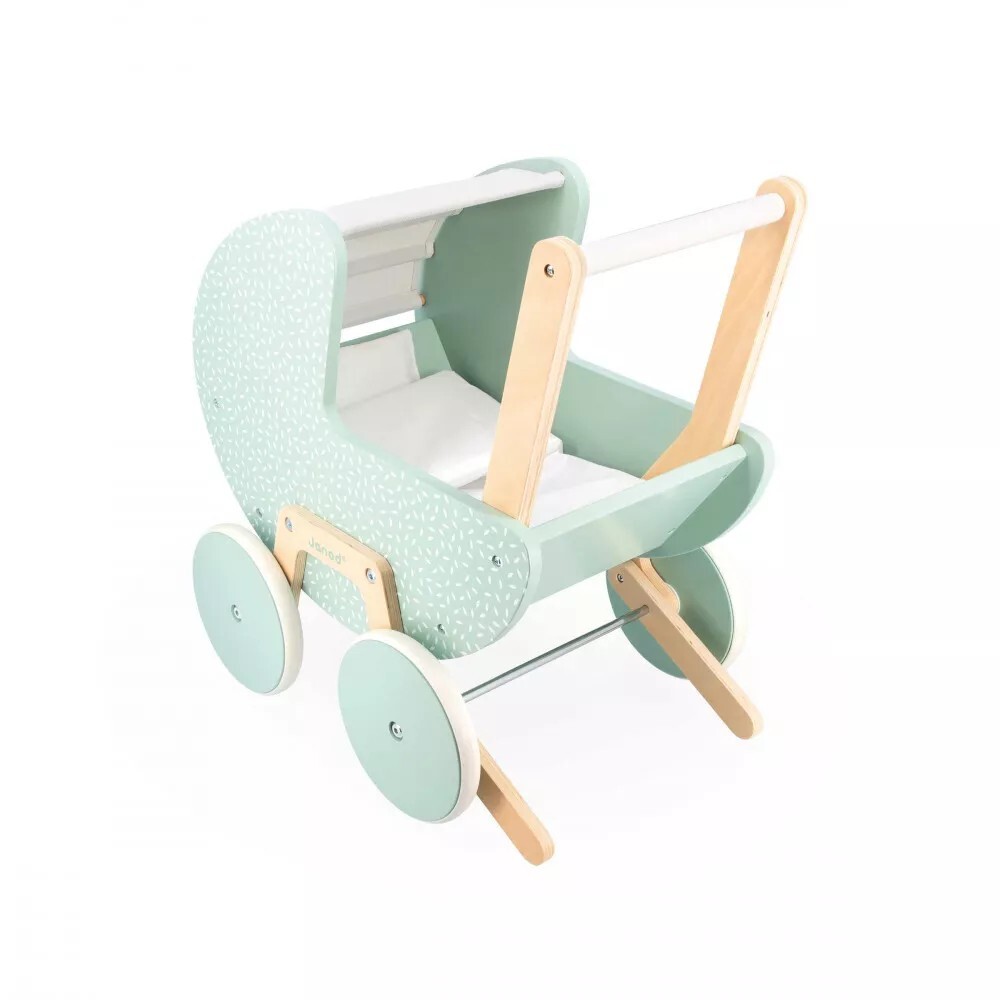 Landau Janod Zen en bois stable pour aider bébé à marcher avec sa poupée