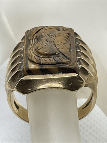 VINTAGE HAND WROUGHT 10K Yellow Gold Tiger’s Eye Cameo ROMAN SOLDIER MEN’S Ring - Picture 15 of 23
