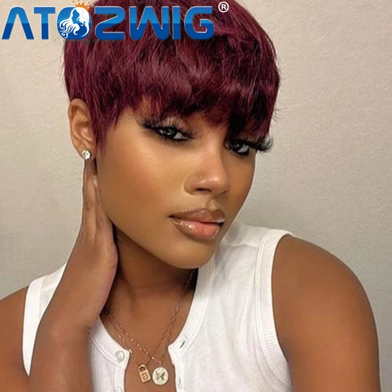 Short Pixie Cut Wig For Black Women Straight Burgundy Red Human