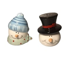 VINTAGE KATHRYN BEICH SNOWMAN Couple Heads Christmas Salt & Pepper Shakers - NEW