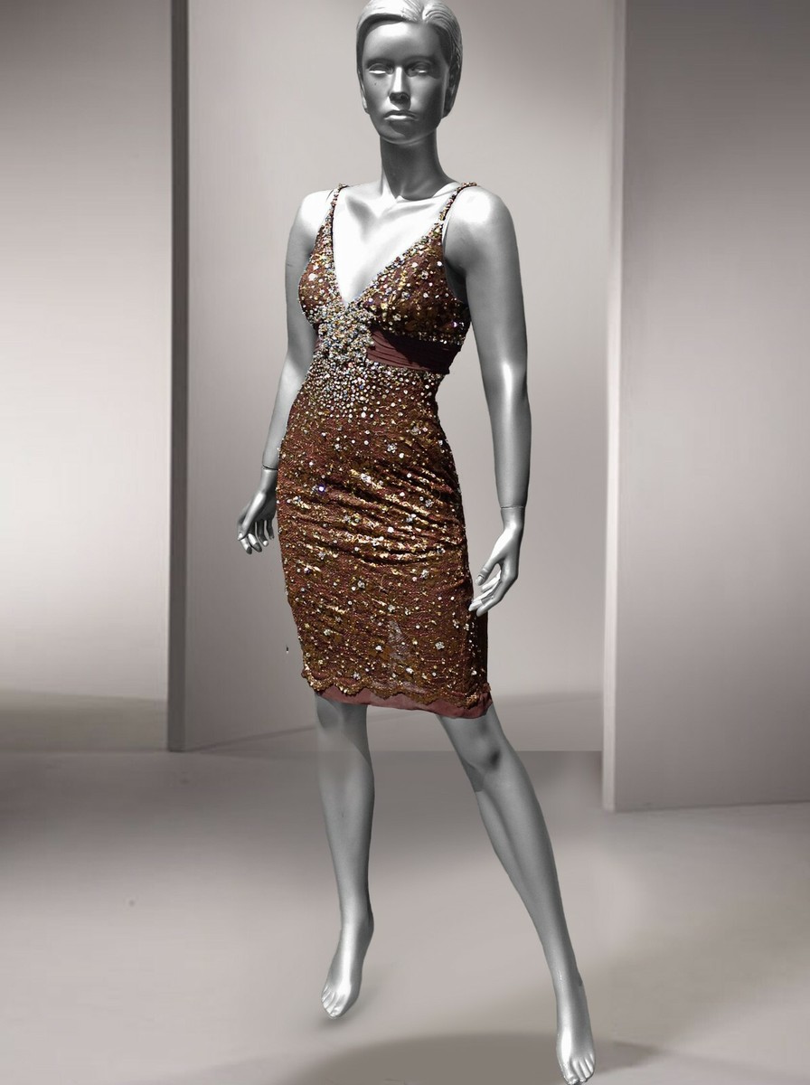 Mandalay Womens Rhinestone mesh V Neck Sheath Dress Brown Gold
