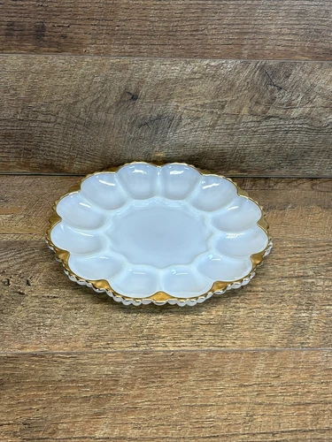 Vintage Anchor Hocking Deviled Egg/Oyster Plate Milk Glass Gold Rim 12 Eggs MCM