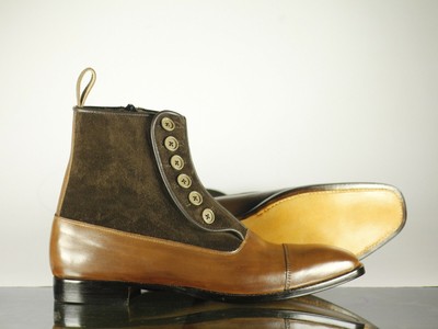 Handmade Men's Brown Leather Suede Button Side Zipper Boots, Men Designer  Boots | eBay