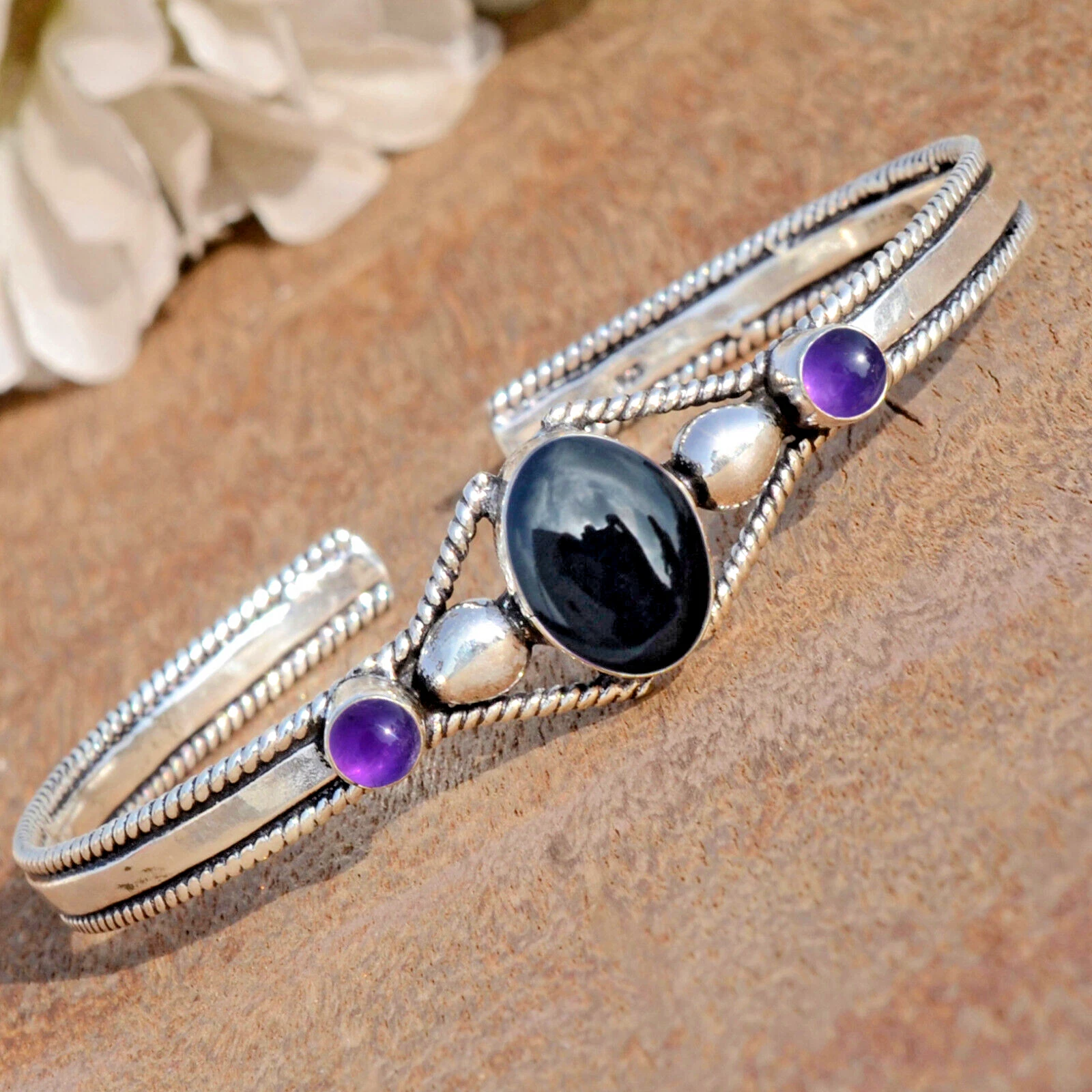 VALENTINO Bracciale in argento sterling 925 con pietra preziosa onice nera e ametista regalo festa