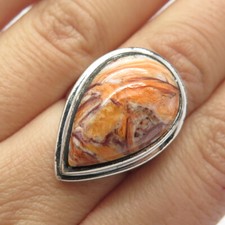 925 Sterling Silver Vintage Real Agate Gemstone Teardrop Ring Size 7