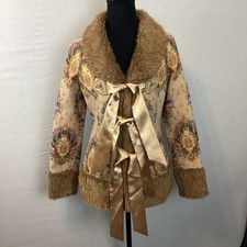 Kenzie Girl Jacquard Print Faux Fur Boho Jacket With Ribbon Closure, M