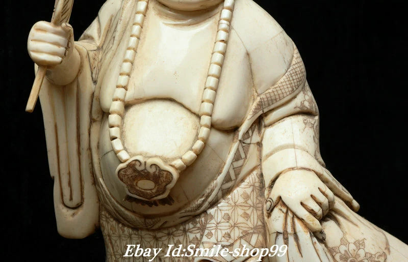 Antiguo Tíbet Templo de Hueso de Ganado Happy Laugh Maitreya Buda Fan Bolsa de Monedas Estatua Foto 3 de 4