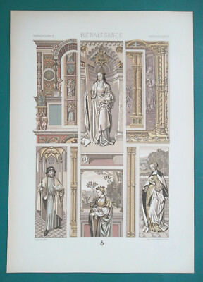 RENAISSANCE Miniature Architecture Ornaments Figures - 1887 Racinet COLOR Print