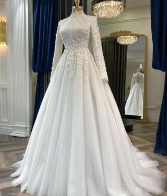 Princess Lace Appliques Wedding Dresses Muslim High Neck A Line Bridal Gowns