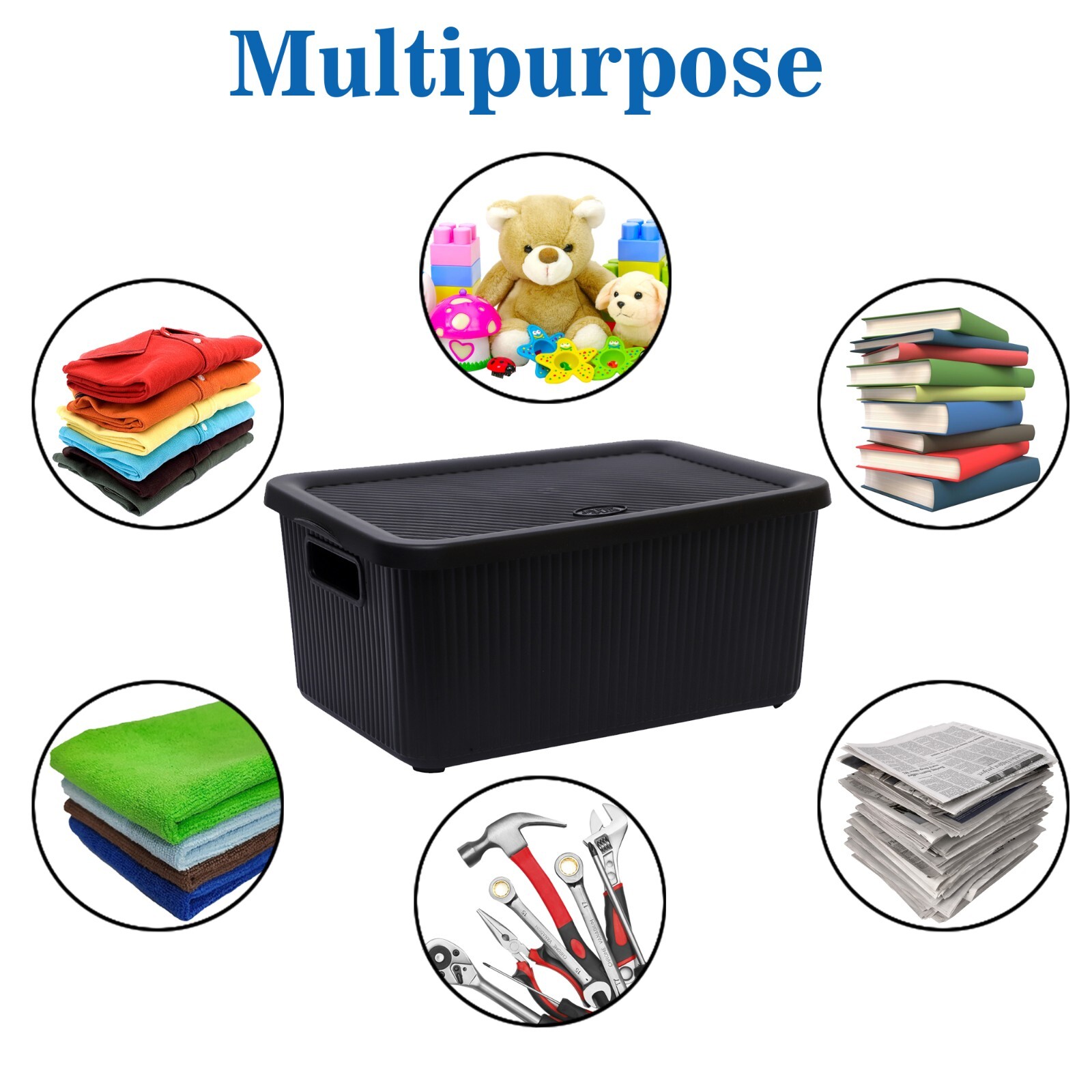 Large Plastic Storage Rib Box with Lid 14 LTR Black Kitchen Office Toy