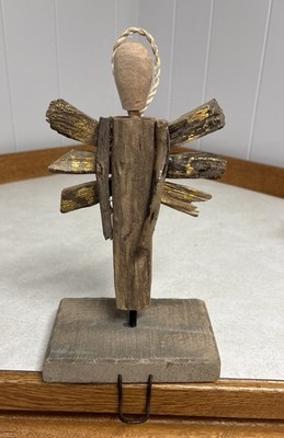 Vintage Primitive Wood Art Brut Sculpture Minimalist Angel Stocking Holder OOAK