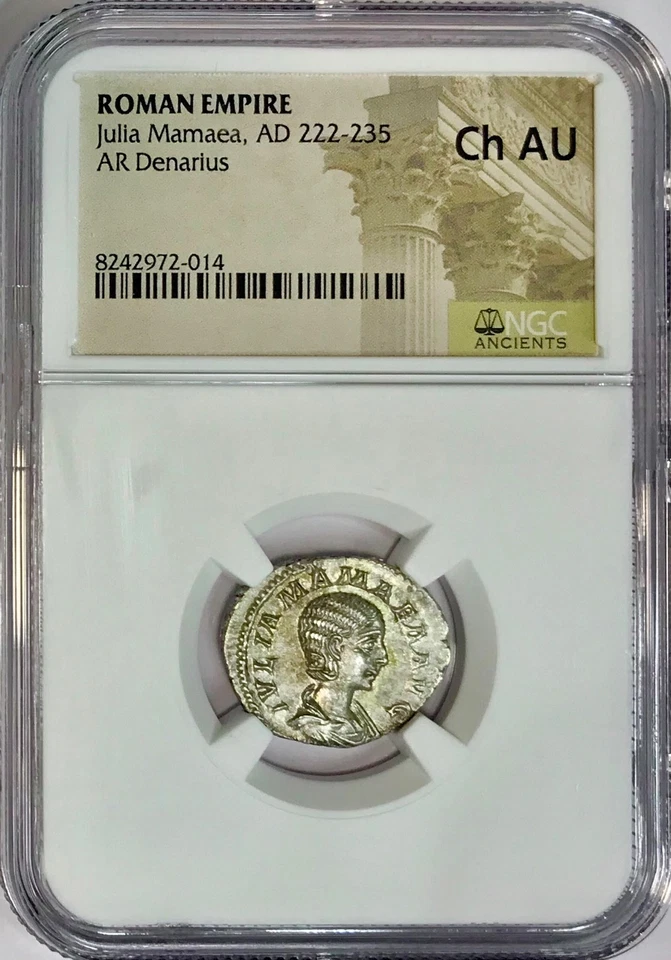 Moneda Denario de Plata Antigua Romana Julia Mamaea 222-235 dC NGC Elección AU Foto 2 de 4