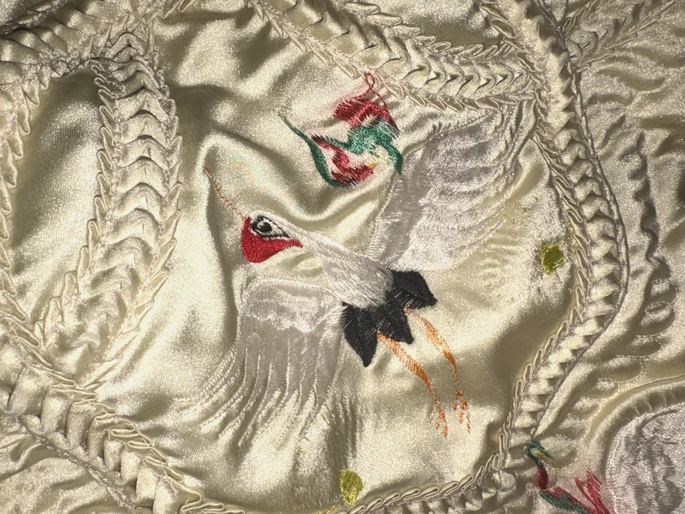Vintage Ivory Satin Quilted Bird & Branch Embroidered Bedspread Bed Cover 82x101 - Image 4 of 4