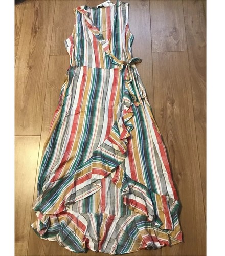 New Next Size 12 Multi Stripe Frill Ruffle Wrap Midi Dress Tie Details V Neck - Picture 3 of 10