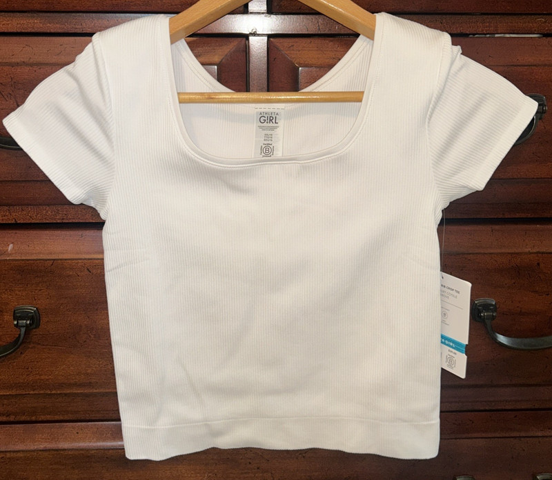 Athleta Girl Rise Above Ribbed SS Crop Top size XXL/16 White Compression Nylon