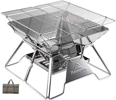 CAMPINGMOON Portable Campfire BBQ Grill 14 Inch Stainless Steel Folding Fire Pit