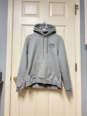 Dior Gray Cotton Fleece Logo Pullover Hoodie Kangaroo Pocket Drawstring Men Med