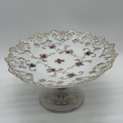 Consco Marilyn Exclusive Vintage Reticulated Pedestal Plate Gold Rim Floral Rose