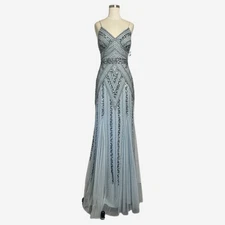 Marina NWT light blue gunmetal beaded mesh v neck gown princess castlecore 6