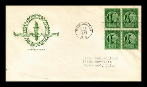 US COVER FOUR FREEDOMS FDC SCOTT 908 BLOCK OF 4 HOUSE OF FARNAM CACHET
