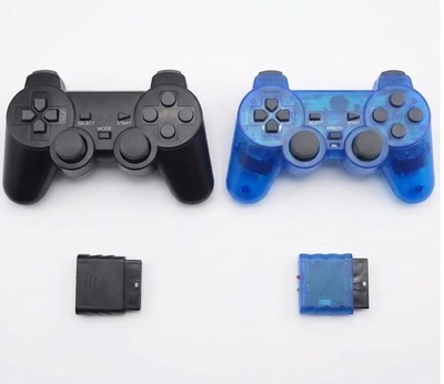 SET OF 2 PLAYSTATION 2 PS2 Dual Vibration WIRELESS Controller Black /Blue