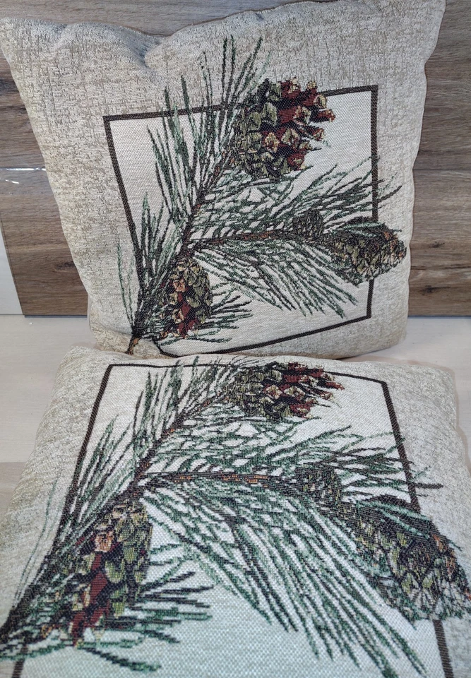 Tan pinecone branch rustic tapestry pillow 16"sq. Cabin decor n8 - Image 2 of 3