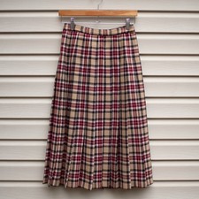 VTG Pendleton Wool Pleated Skirt Size 8 Beige Burgundy Tartan Plaid 26x29 USA