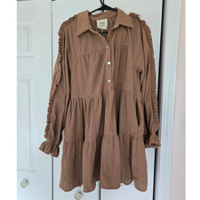 Fantastic Fawn Women's M Brown Corduroy Shirt Dress Button Front Ruffle Collar
