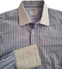 Brioni shirt contrast french cuffs collar vertical stripes blue pink white