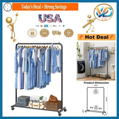 Portable Black Metal Clothing Rack with Bottom Shelf on Wheels for Bedroom