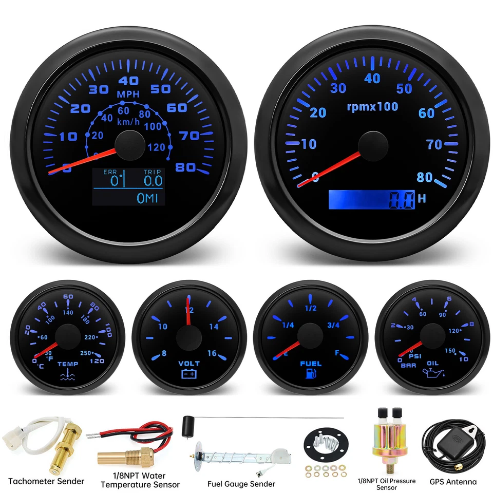 6 Gauge Set 85mm Black GPS Speedometer 80MPH/120KM/H With Sensor waterproof US - Image 2 of 4