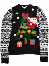 Junior Womens Black Santa Claus Tree Sequin Christmas Holiday Sweater