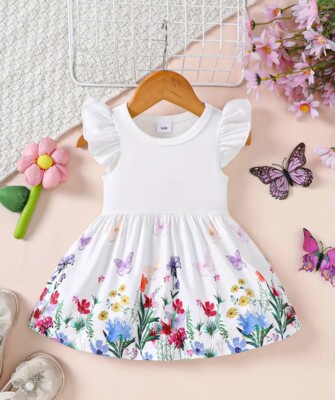 Mädchen weiß Blumen Blumen Flatter Kurzarm Kleid Alter 18-24 Monate neu